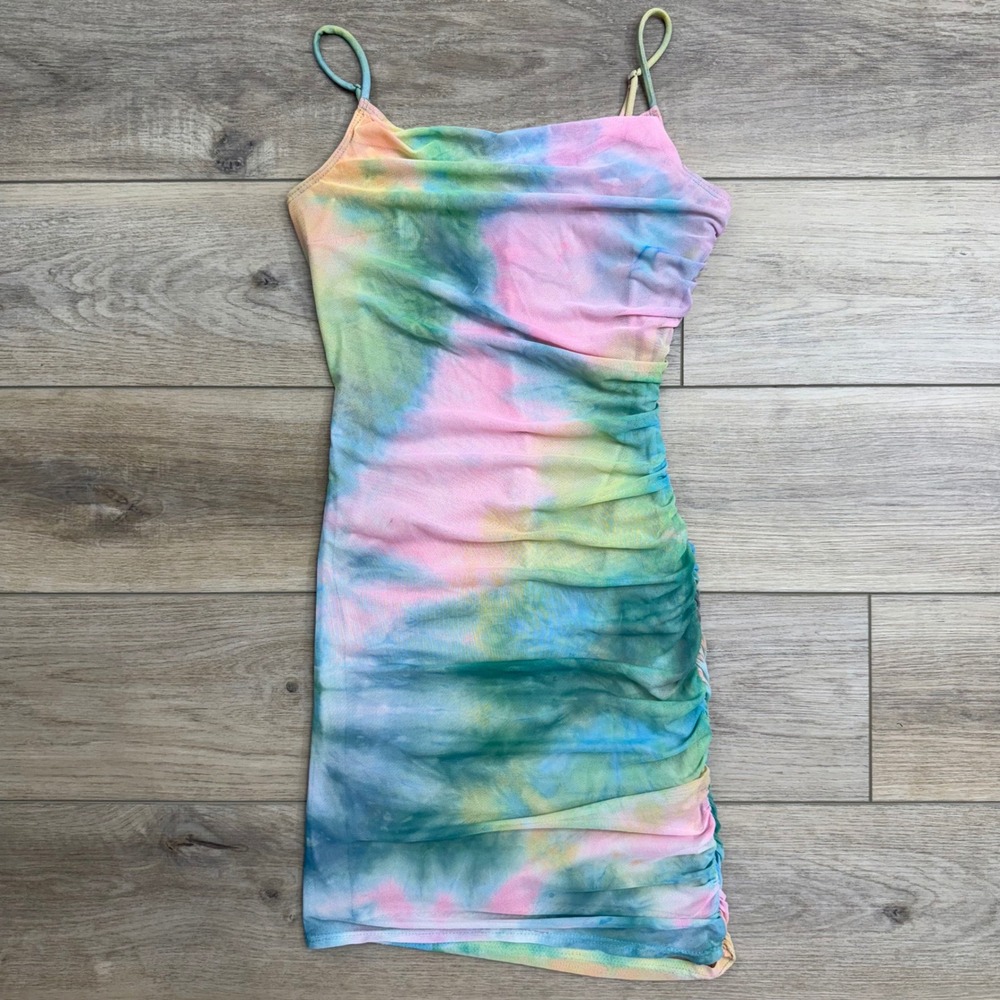 Y2K Bebe Tie Dye‎ Mini Dress Ruched Bodycon Spaghetti Strap Multicolor Vintage